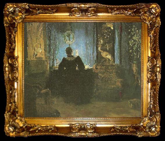 framed  Anna Ancher den vest med bla gardinerre stuefru ancher ved skrivebordet, ta009-2